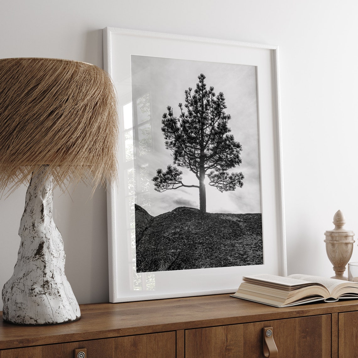 Lone Pine Tree Silhouette On Rocky Hill Black And White Nature Print - Image 3