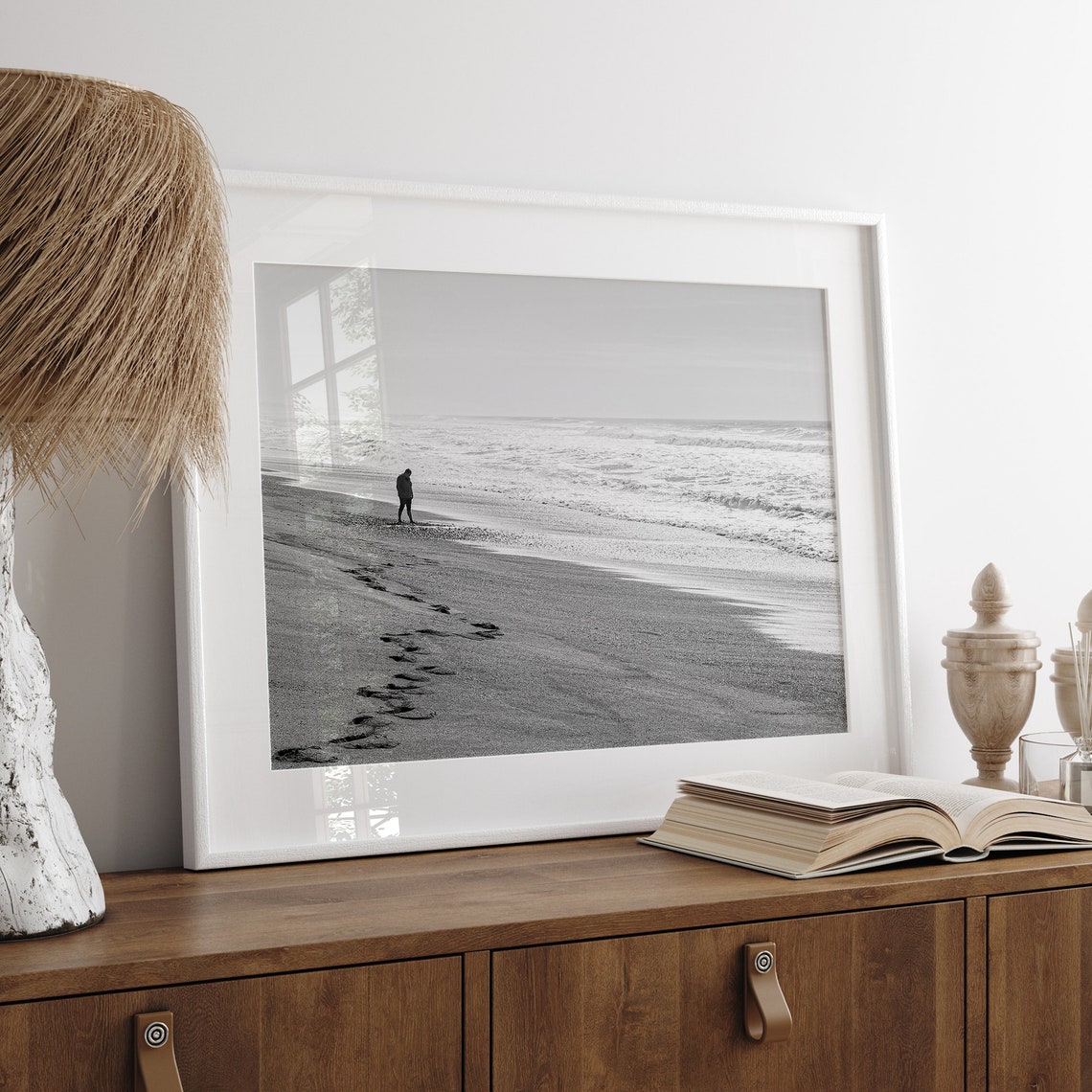 Lone Figure Walking Empty Beach Footprints Black And White Poster - Image 5