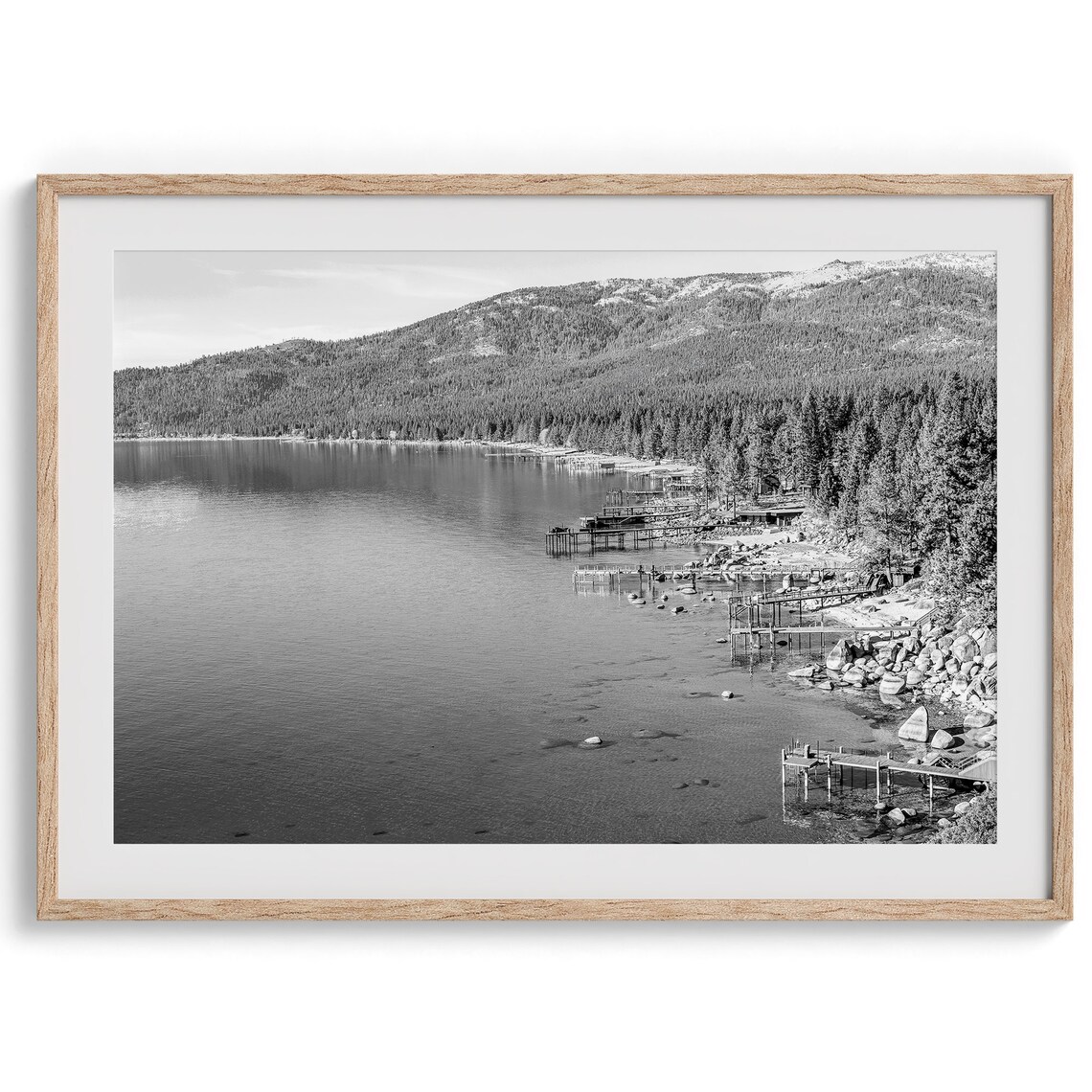 Lake Tahoe Black And White Shoreline Docks Pine Forest Lake Poster - Image 4
