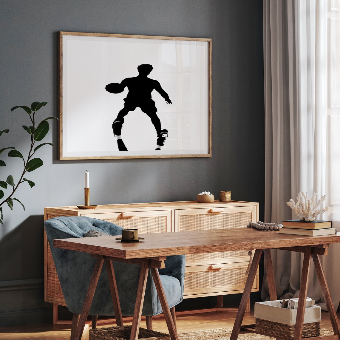 Basketball Player Silhouette Mid Air Dunk Black And White Sports Print - Image 3
