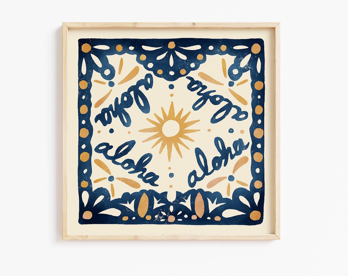 Aloha Script Talavera Tile Sunburst Navy Blue Island Art Poster