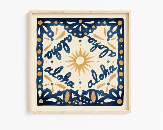 Aloha Script Talavera Tile Sunburst Navy Blue Island Art Poster