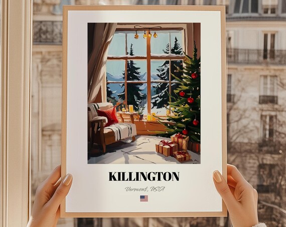 Killington Vermont USA Christmas Cabin Window Tree Scene Poster