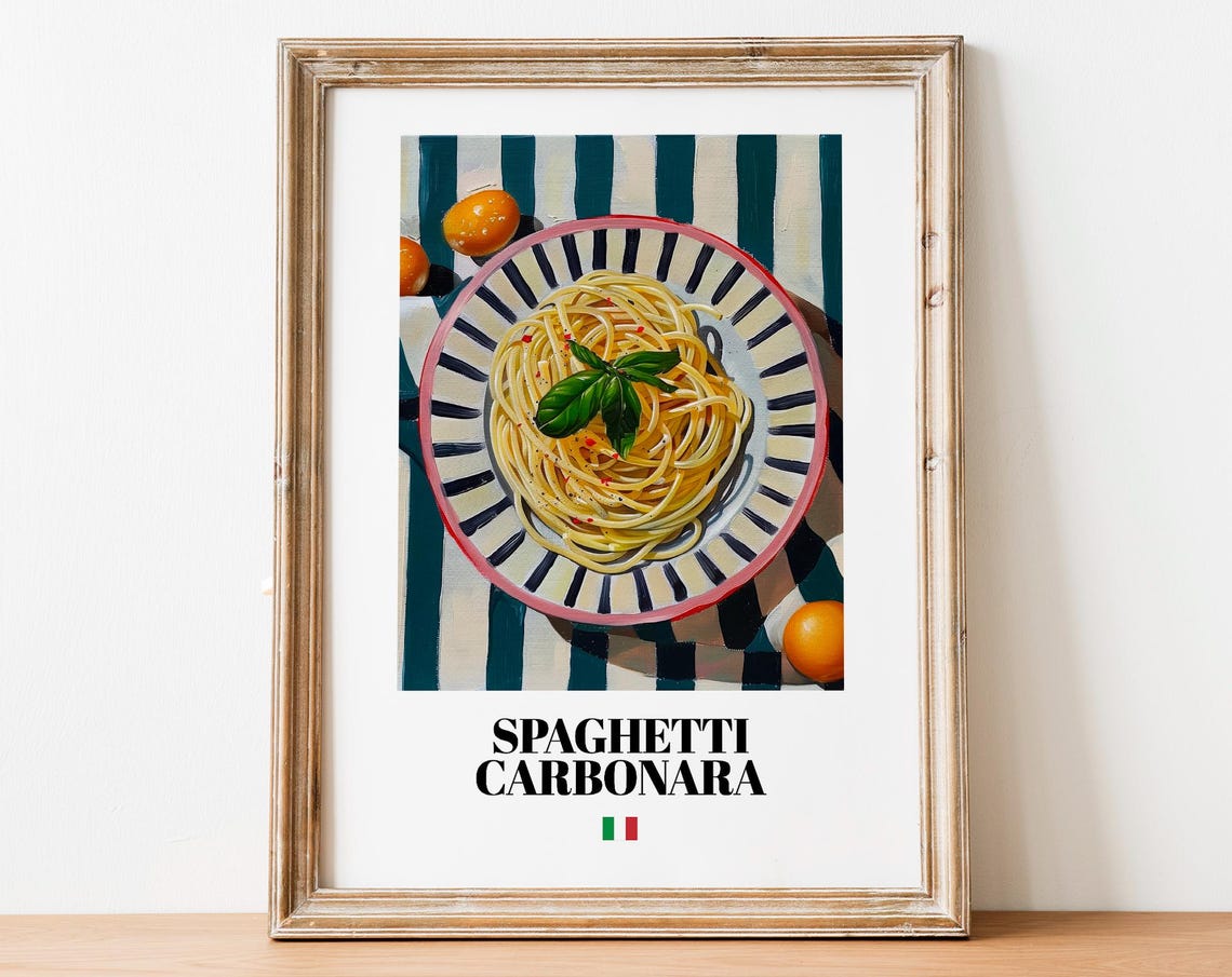 Spaghetti Carbonara Italian Pasta Bowl Top View Kitchen Wall Art