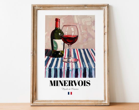 Minervois French Red Wine Glass Striped Tablecloth Art Poster