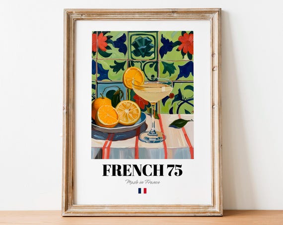French 75 Champagne Cocktail Coupe Glass Citrus Tile Still Life Poster