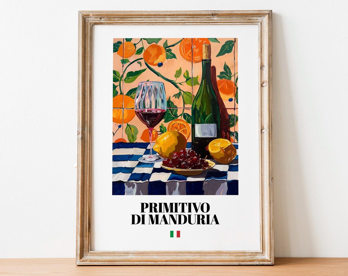 Vintage Primitivo Bottle Print Poster Italian Vineyard Art For Kitchens