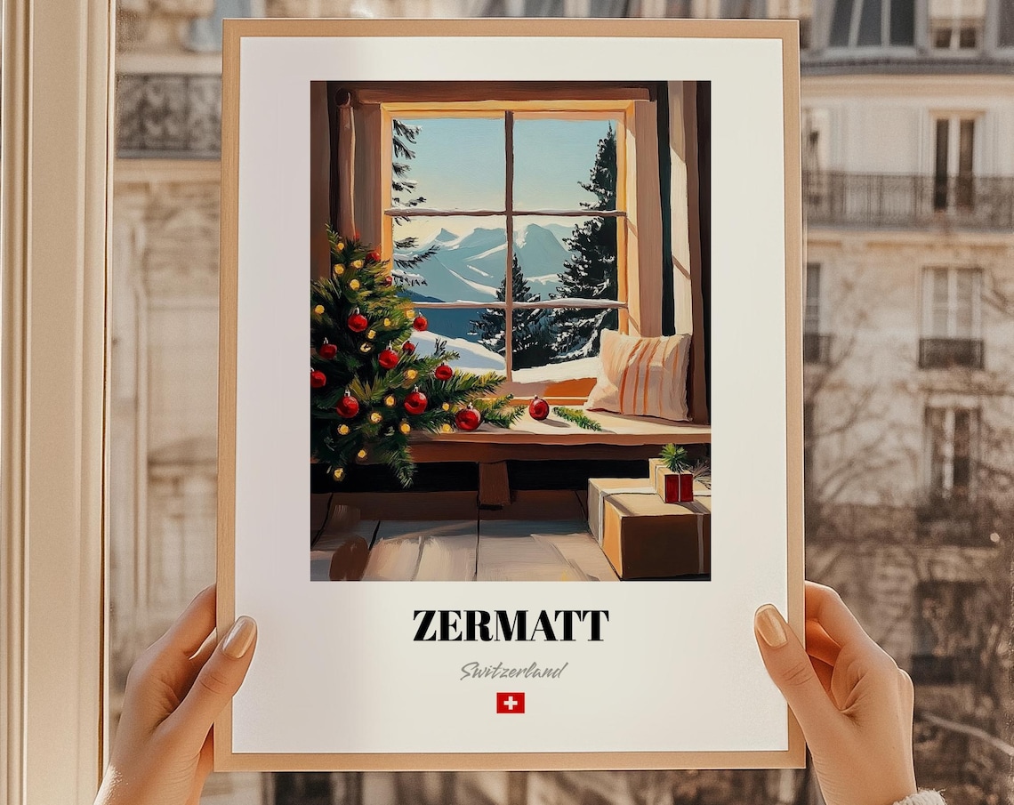 Zermatt Switzerland Christmas Window Seat Snowy Mountain View Poster