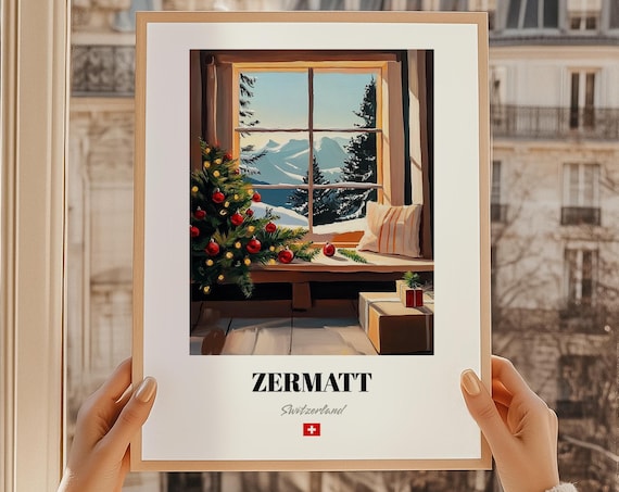 Zermatt Switzerland Christmas Window Seat Snowy Mountain View Poster