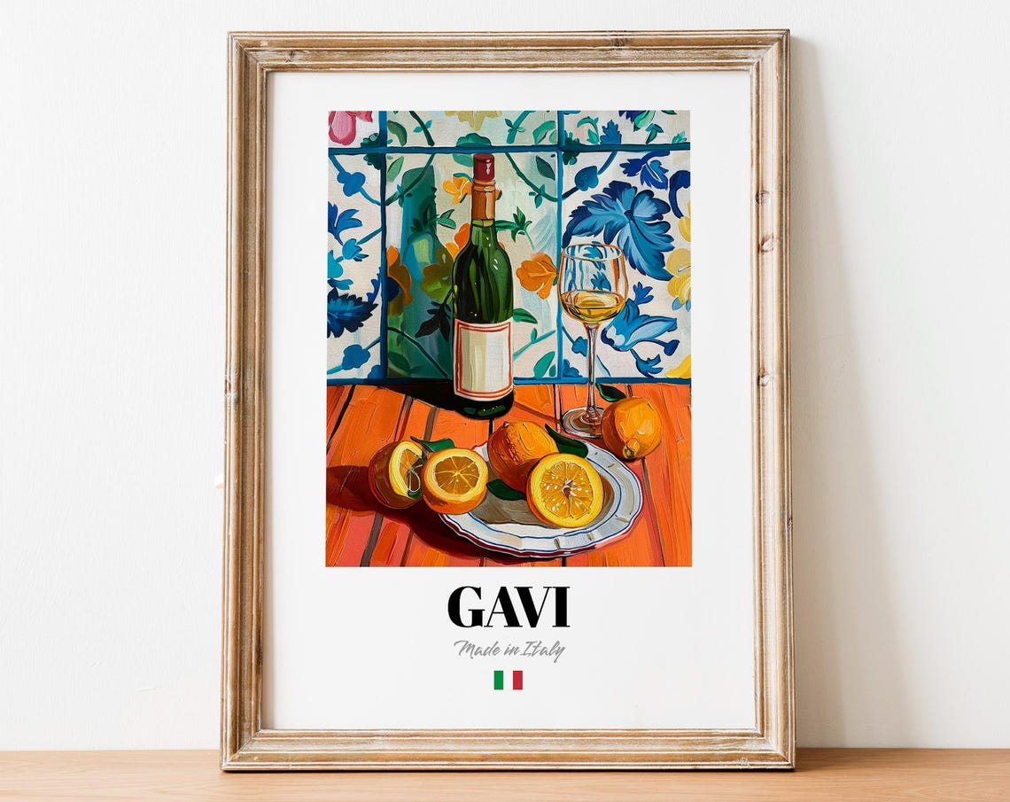 Gavi Italian White Wine Glass Oranges Floral Tile Art Poster