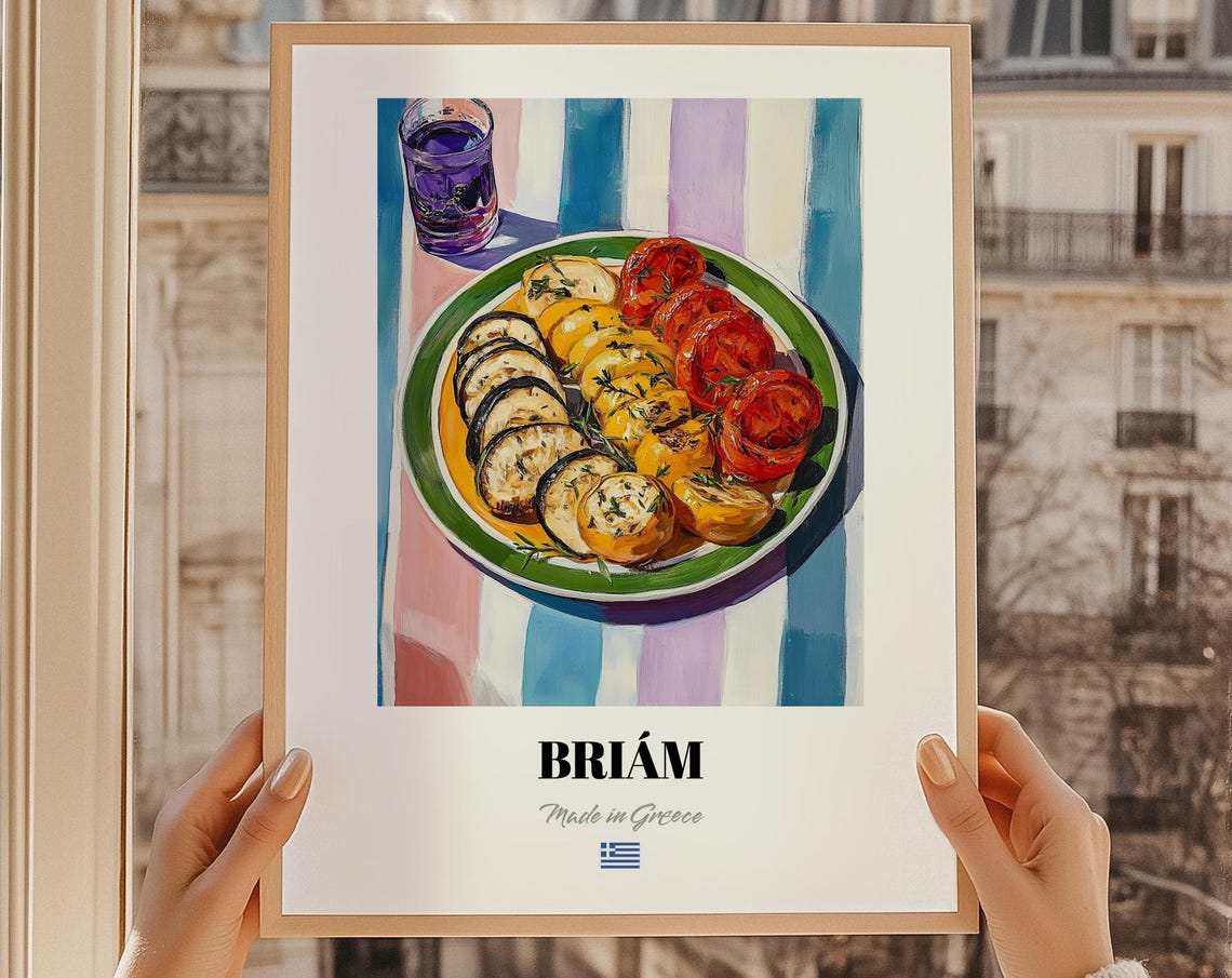 Briám Greek Roasted Vegetables Pastel Stripes Kitchen Poster