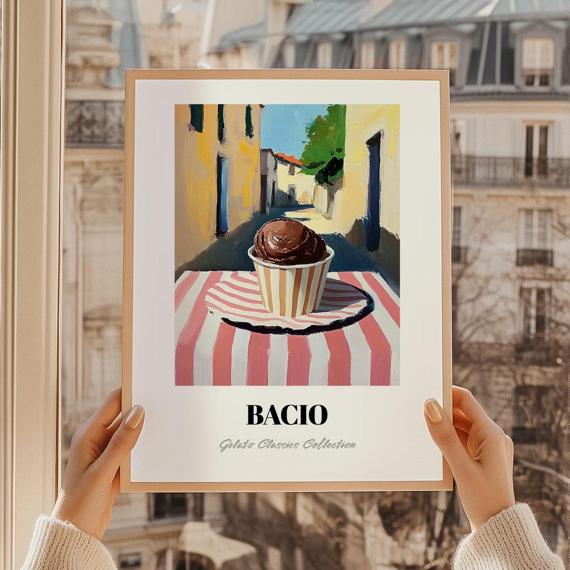 Bacio Italian Chocolate Hazelnut Gelato Painted Street Scene Poster