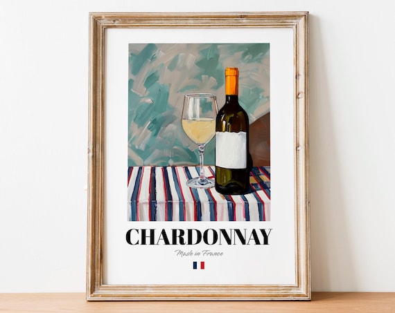 Chardonnay French White Wine Glass Striped Tablecloth Art Poster