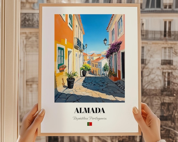 Almada Portugal Street Painting Colorful Old Town Travel Art Poster