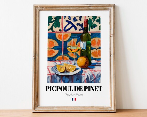 Vintage Picpoul De Pinet Art Print Poster White Wine Artwork For Kitchens