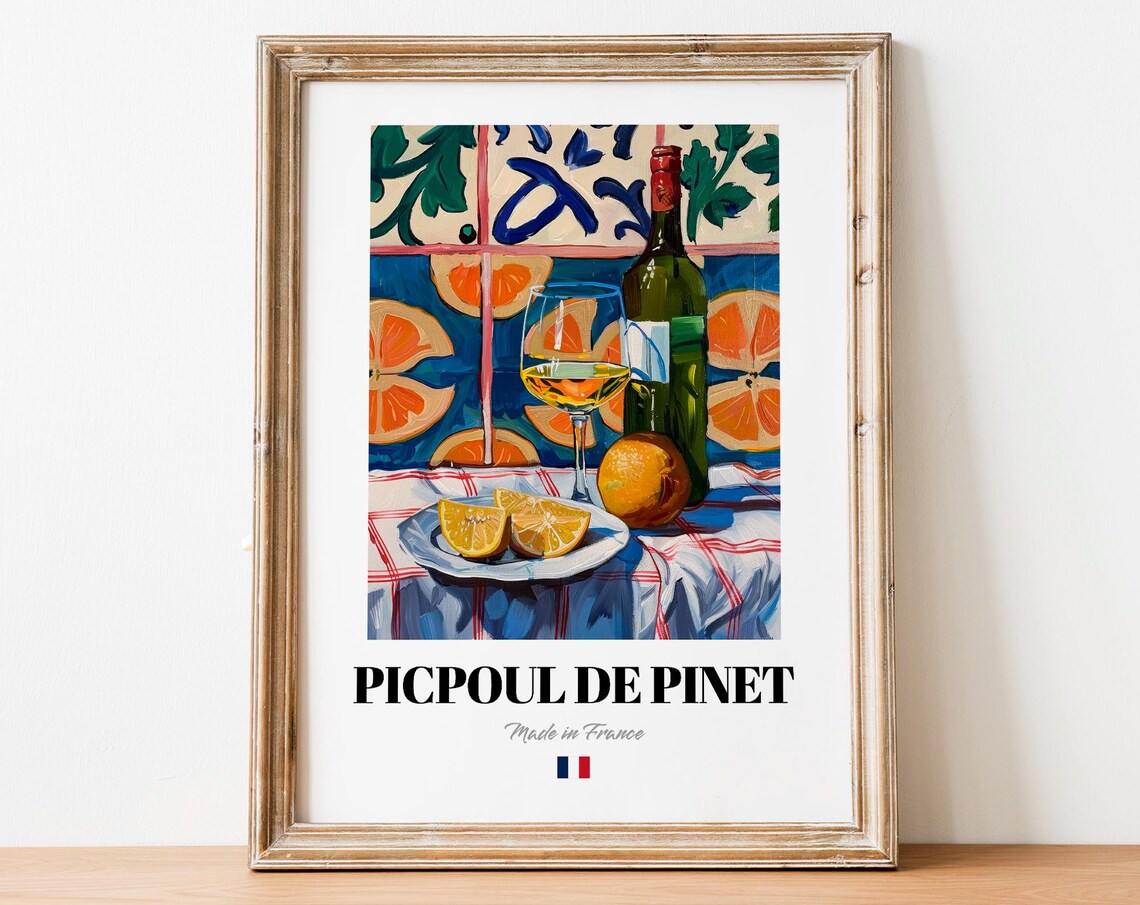 Vintage Picpoul De Pinet Art Print Poster White Wine Artwork For Kitchens