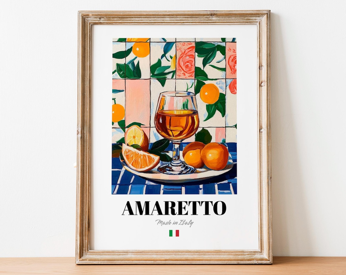 Amaretto Made in Italy Liqueur Glass Citrus Still Life Art Poster