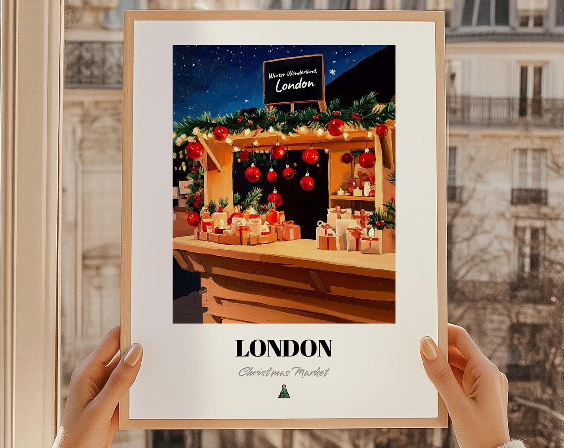 London Christmas Market Night Stall England Winter Travel Poster