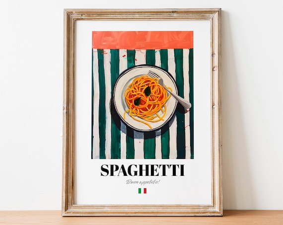 Spaghetti Italian Pasta Vintage Food Illustration Green Kitchen Poster