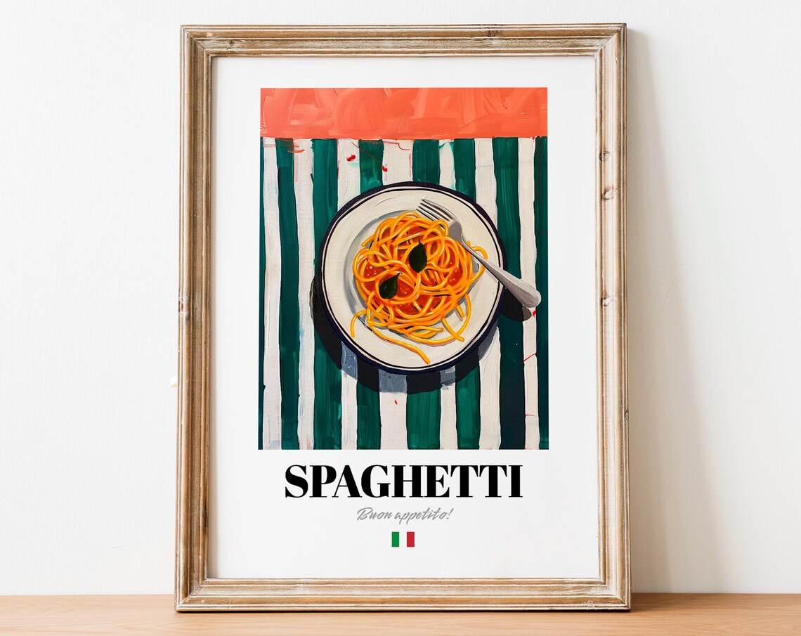 Spaghetti Italian Pasta Vintage Food Illustration Green Kitchen Poster