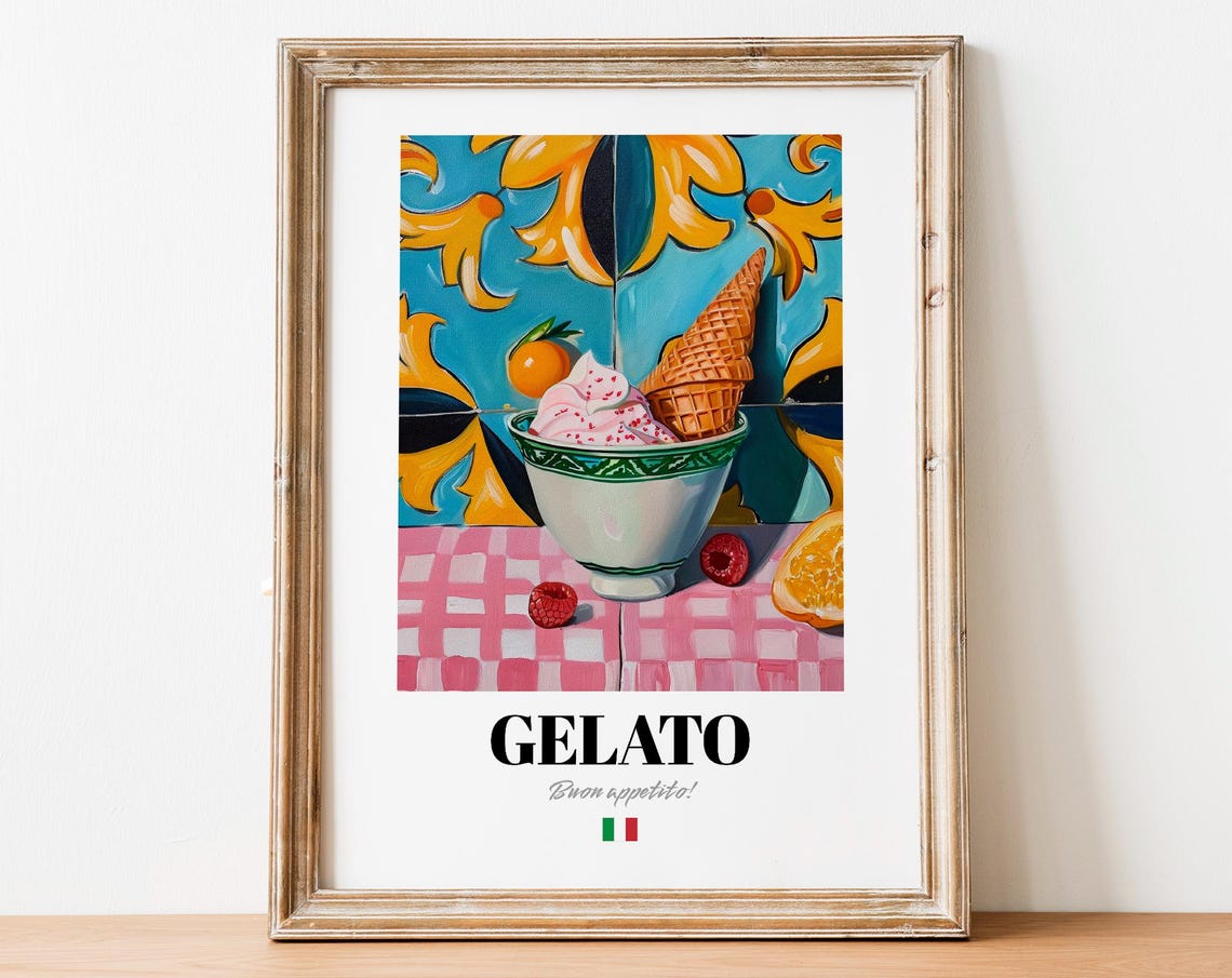 Gelato Italian Ice Cream Dessert Poster On Colorful Tiled Table Art
