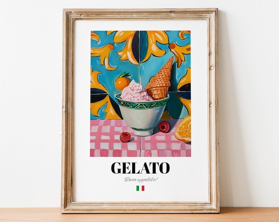 Gelato Italian Ice Cream Dessert Poster On Colorful Tiled Table Art