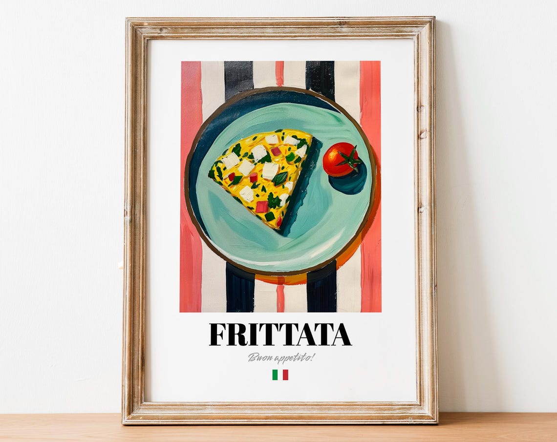 Italian Frittata Cheese Tomato Poster Teal Plate Modern Kitchen Decor
