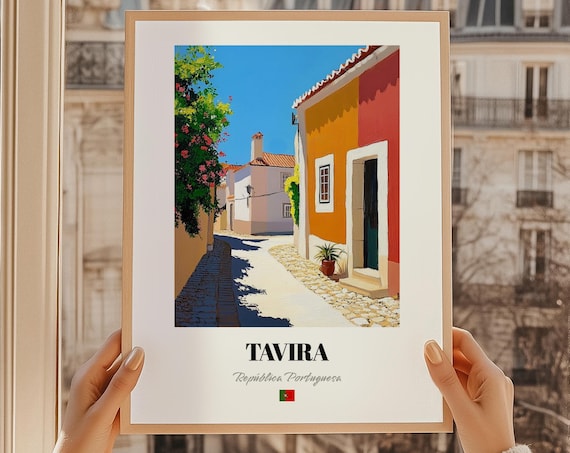 Tavira Portugal Cobbled Alley Bougainvillea Travel Art Poster