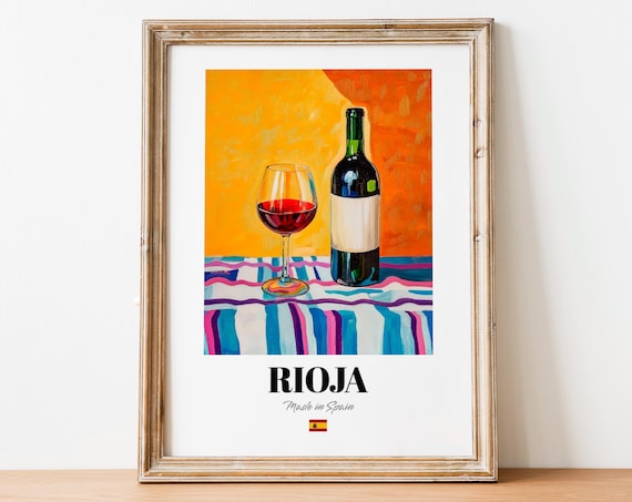 Rioja Spanish Red Wine Bottle and Glass Orange Kitchen Wall Poster