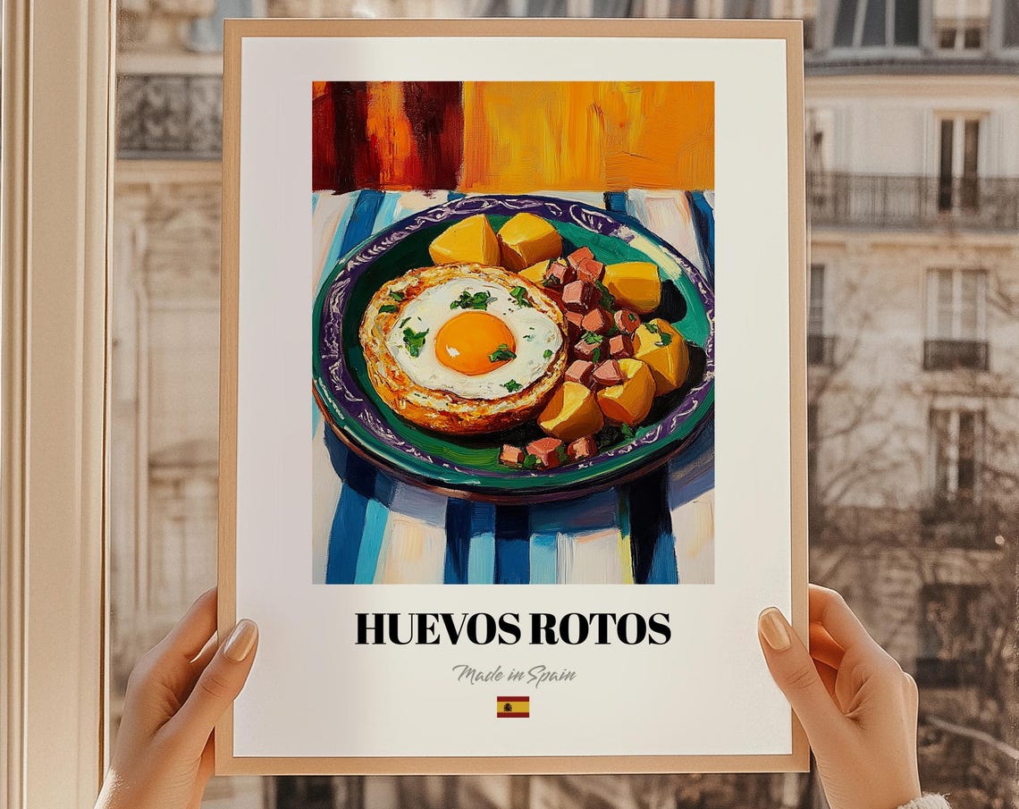 Spanish Huevos Rotos Fried Egg Potato Dish Painted Kitchen Food Poster