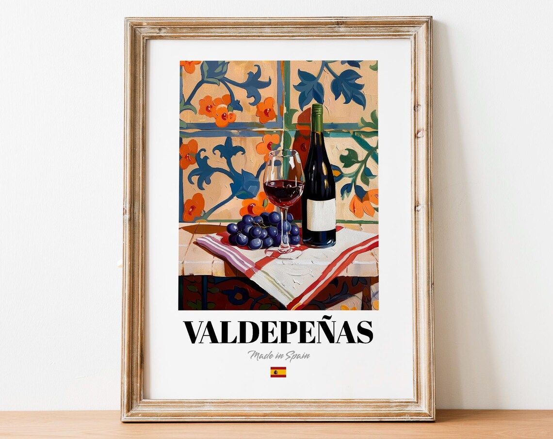 Vintage Valdepeas Bottle Print Poster Wine Art For Homes And Bars