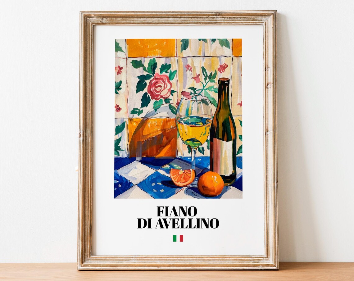 Vintage Fiano Bottle Poster, Italian Vineyard Art