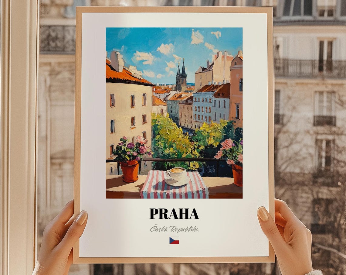 Praha Czech Republic Flower Balcony Cafe City View Travel Poster