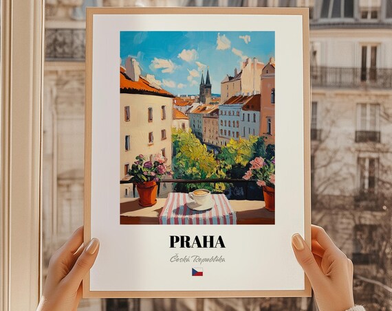 Praha Czech Republic Flower Balcony Cafe City View Travel Poster