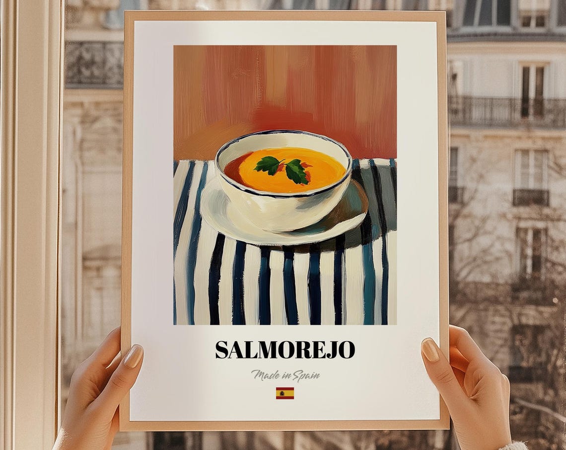 Salmorejo Soup Bowl Striped Tablecloth Spanish Kitchen Art Poster