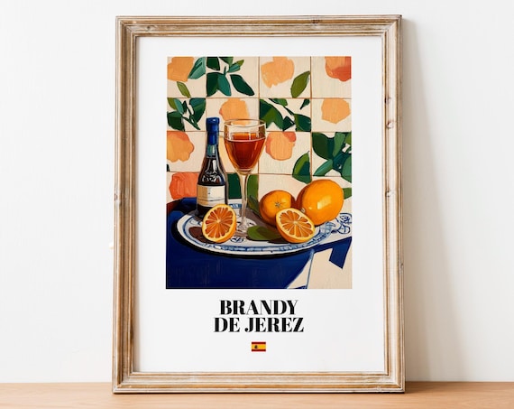 Brandy de Jerez Spanish Still Life Bottle Glass Oranges Tile Poster