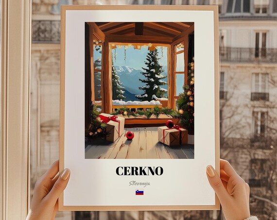 Cerkno Slovenia Christmas Window Garland Snowy Peaks Art Poster