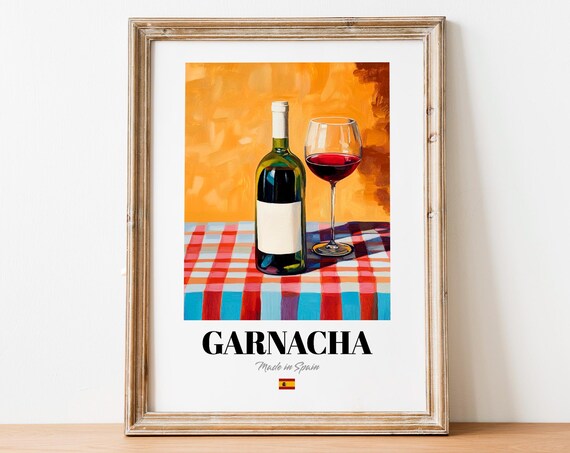 Garnacha Made in Spain Red Wine Bottle and Glass Checkered Art Poster