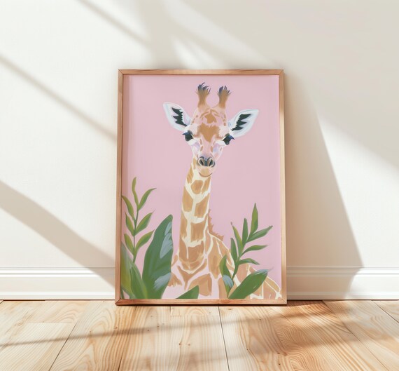 Baby Giraffe Watercolor Pink Safari Nursery Cute Animal Art Poster