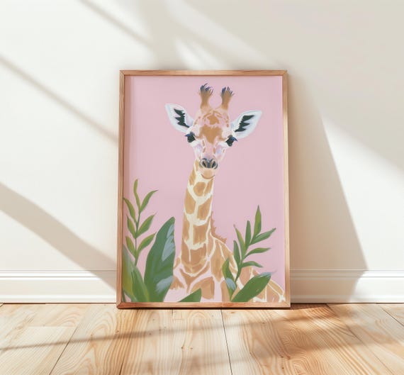Boho Baby Giraffe Watercolor Print Nursery Wall Art Pink And Beige Tones Cute Animal Decor Safari Theme Kids Room 203