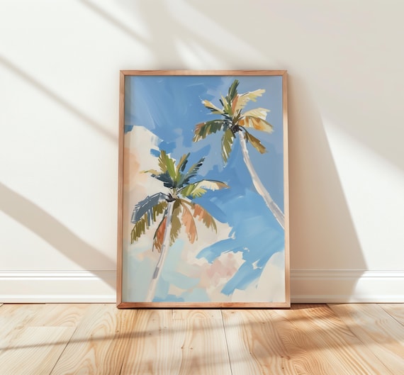 Leaning Palm Trees Under Soft Pastel Sky Coastal Painting Poster