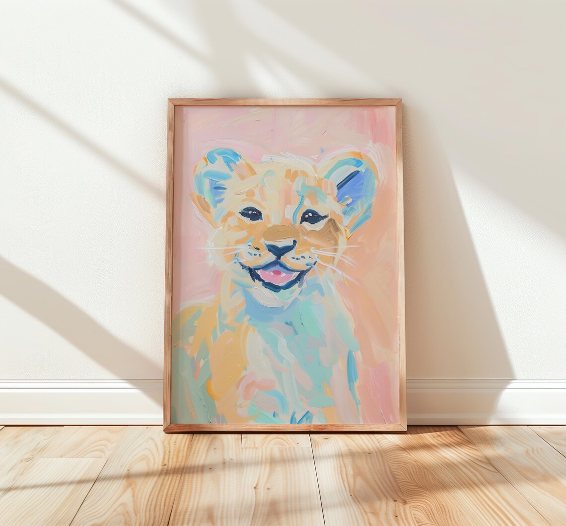 Baby Lion Cub Watercolor Poster Pastel Nursery Safari Animal Wall Decor Art