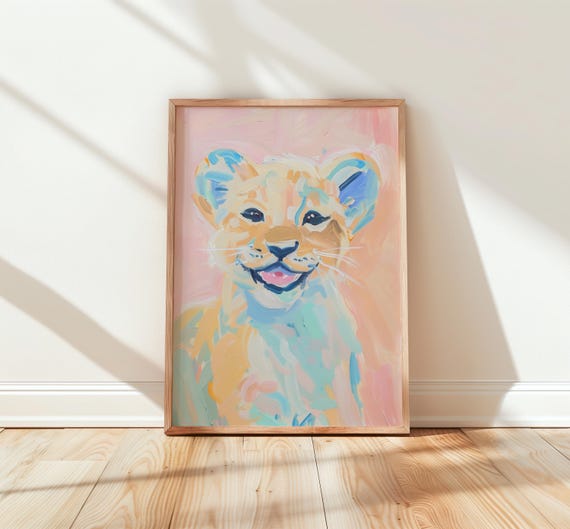 Watercolor Baby Lion Cub Print Dreamy Pastel Nursery Art Buttercream And Rose Tones Kids Wall Decor Smiling Painting 258