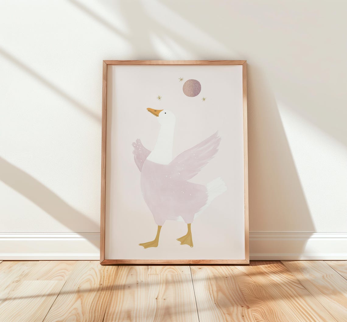 Blush Pink Goose Under Glittering Moon Night Illustration Poster