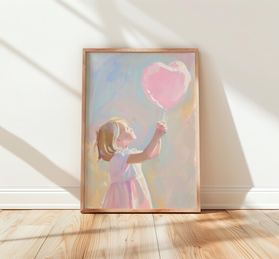 Little Girl Holding Pink Heart Balloon Pastel Nursery Painting Poster