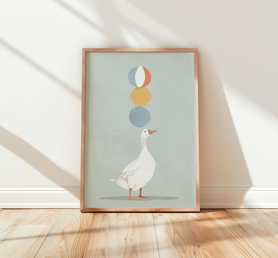 White Goose Balancing Colorful Beach Balls Minimal Sage Wall Art