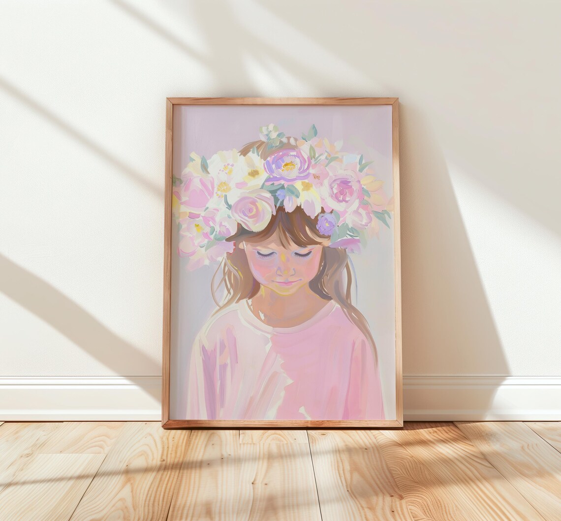 Dreamy Little Girl Flower Crown Pastel Blush Kids Room Wall Print