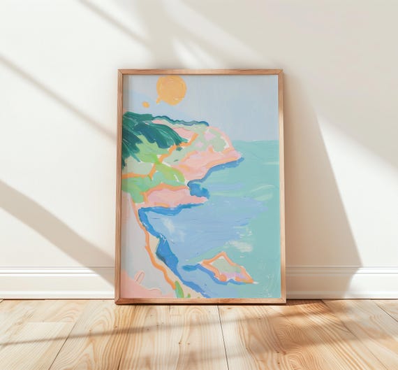Coastal Pastel Map Dreamy Nursery Wall Art Watercolor Seascape Vintage Ocean Decor Soothing Illustration 269