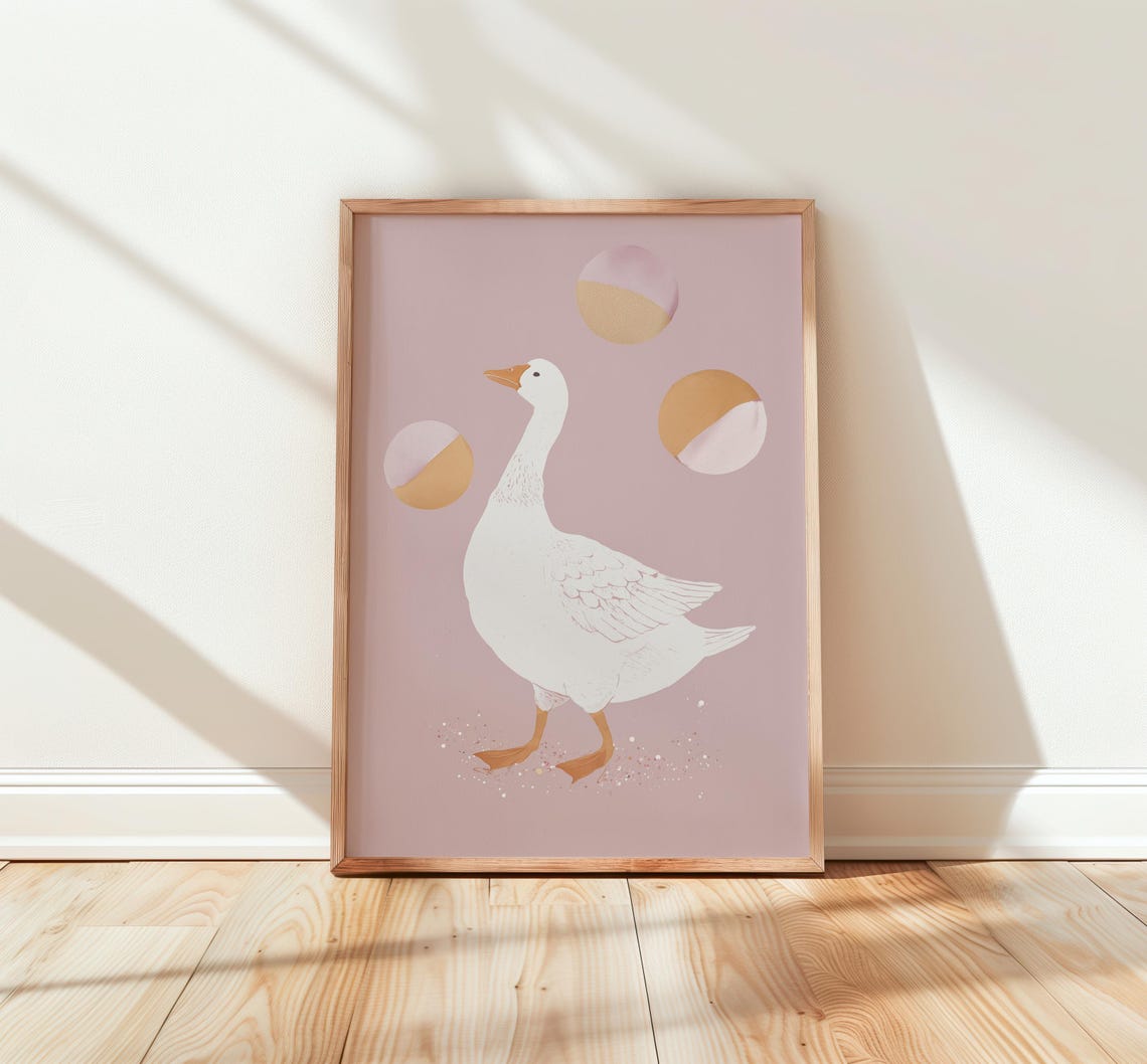 Cute White Goose Juggling Beach Balls Pastel Nursery Wall Art