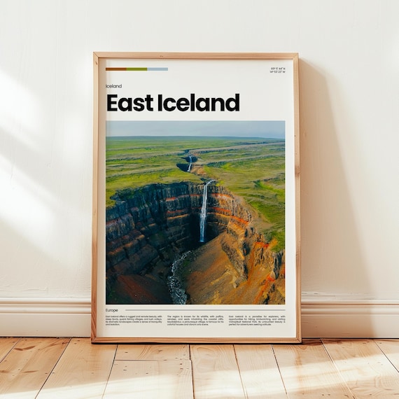 East Iceland Waterfall Canyon Green Cliffs Photo Travel Europe Wall Art